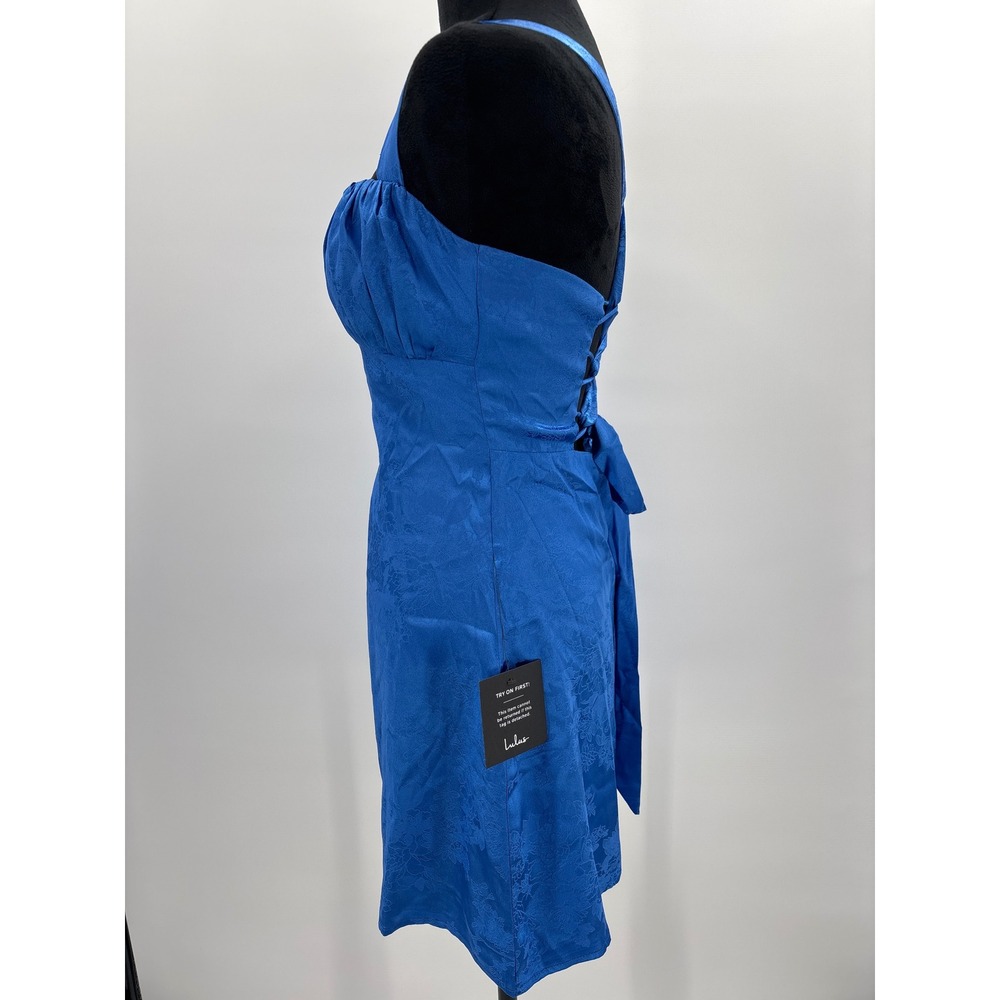 Lulus Exquisite Outlook Royal Blue Floral Jacquard Satin Lace Up Mini Dress S - Picture 8 of 12